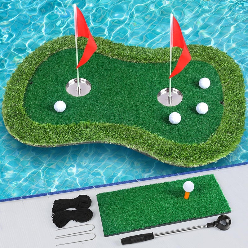 Chriiena Floating Golf Green for Pool/Lake, Floating Chipping Mat with Ball Retriever & Anti-Drift Ropes - Stable Golf Putting Practice Game Set for Golfers - Image 1